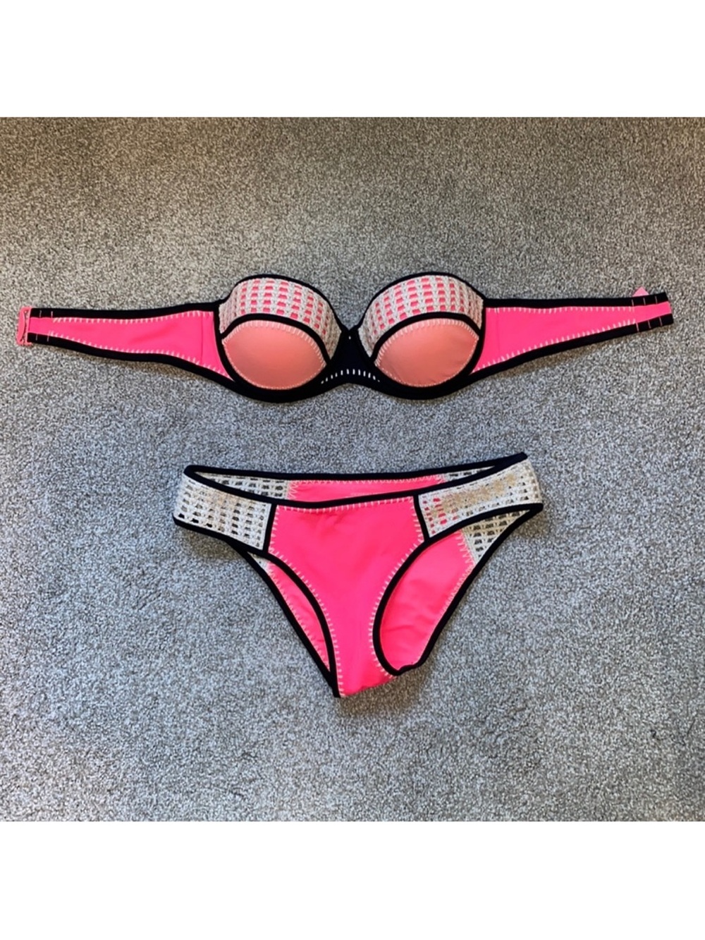 Victoria's Secret Crochet Neon Pink Bikini Set with Black Trim